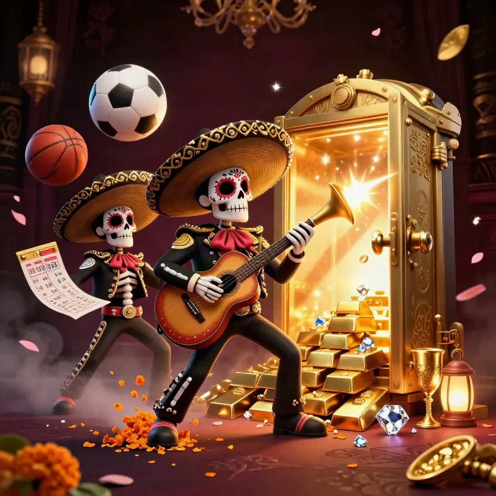 Skeleton mariachi trio amid casino treasure, gold vault, balls, petals and neon glow.