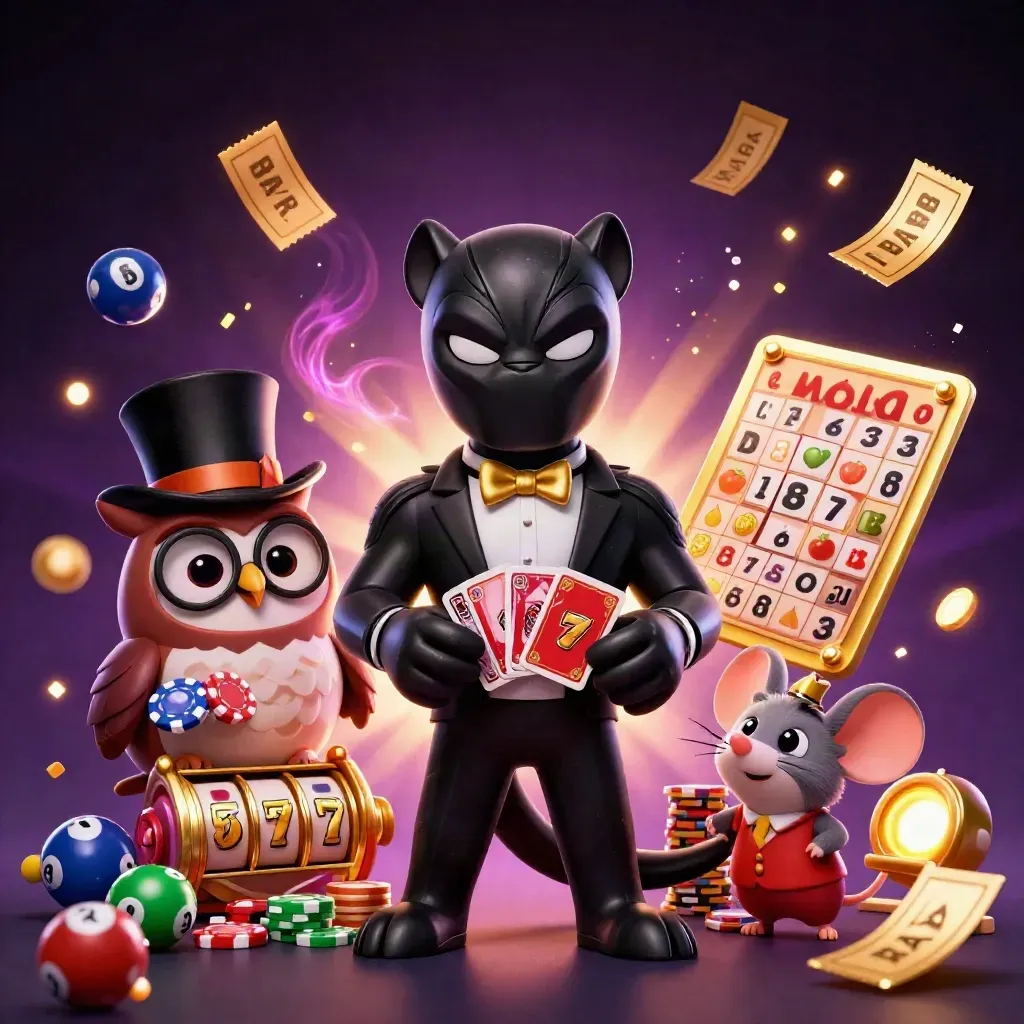 Tuxedo panther, top-hat owl and chip-stack mouse amid casino magic and flying tokens.