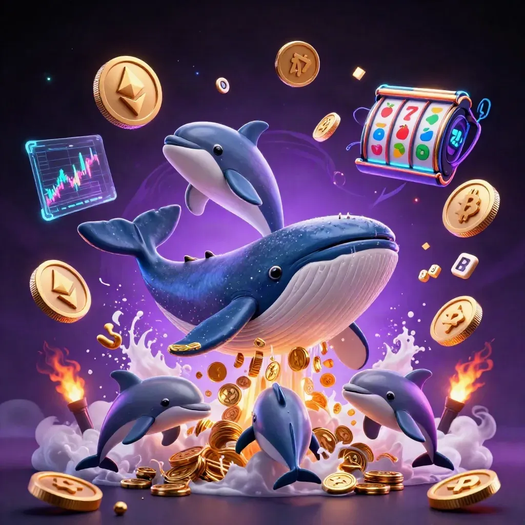 Captain whale, narwhal, and dolphins surge through coin spray with crypto energy