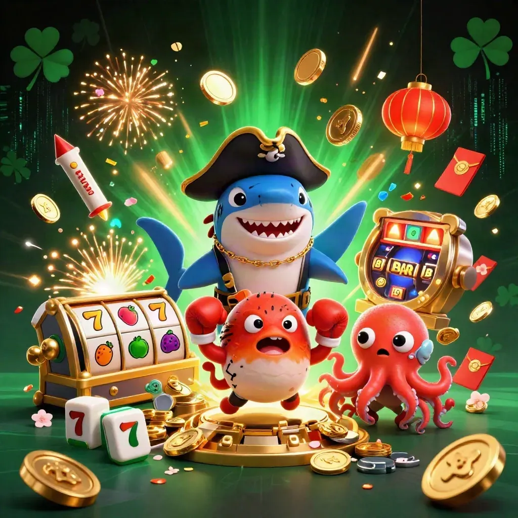 Pirate shark, boxing pufferfish, and juggling octopus amid coins, fireworks, and slot symbols