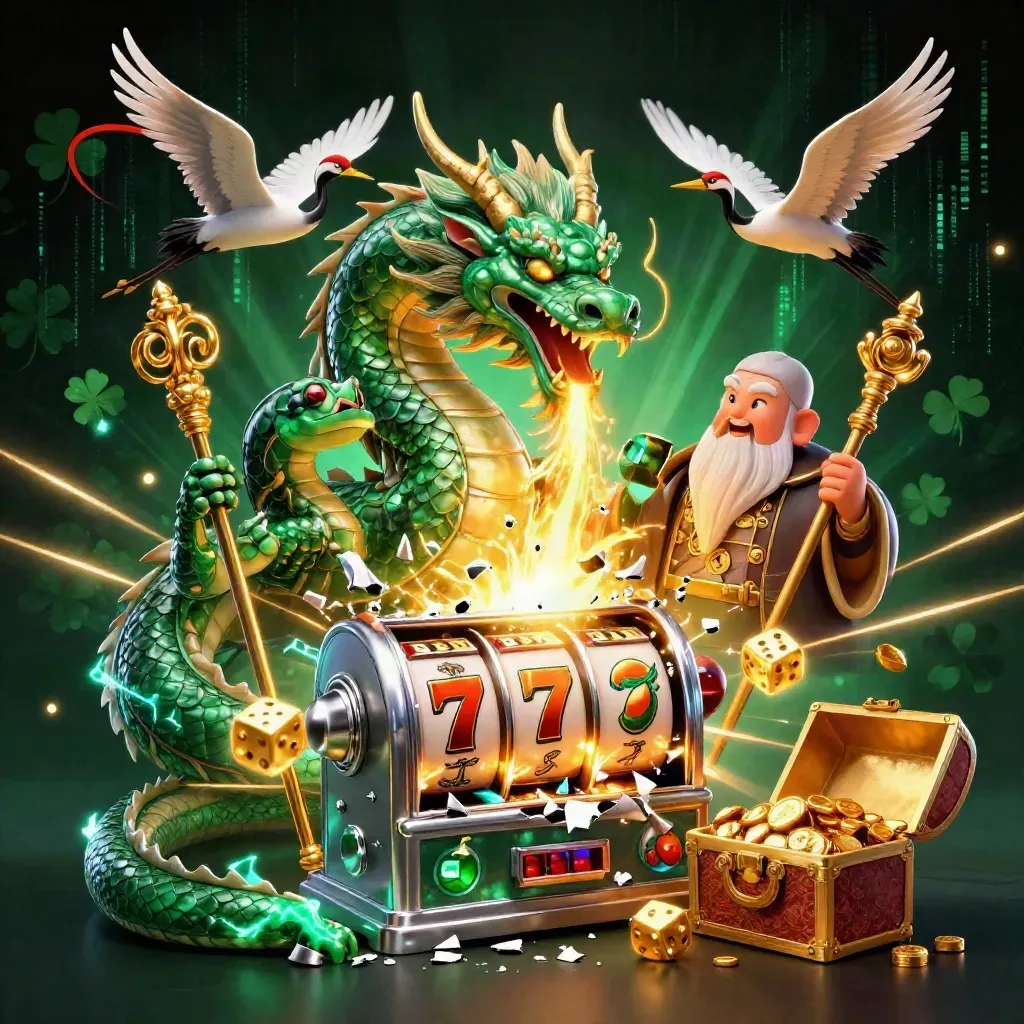 Emerald dragon, turtle sage, and cranes amid slot reels, dice, jackpots, and gold bursts.