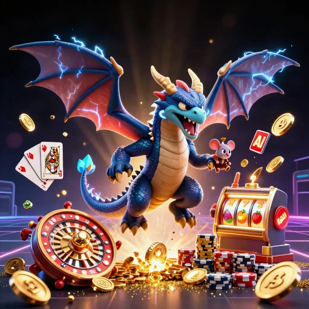 Thunder dragon, hawk, and mouse in a casino blast of coins, chips, cards, and neon light.