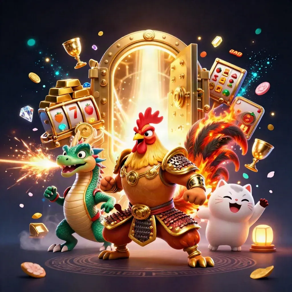 Rooster warrior, dragon hatchling, and lucky cat burst from a glowing vault amid casino loot.