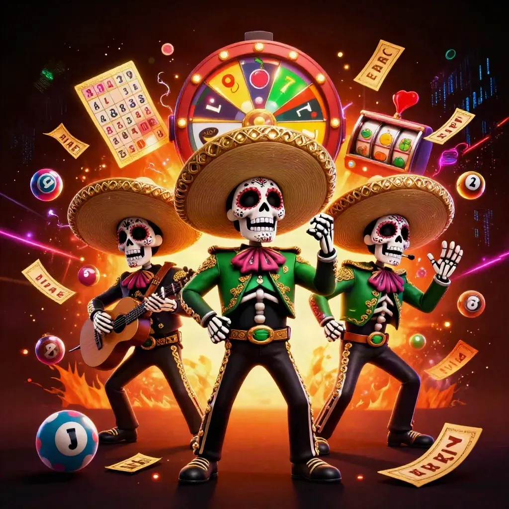 Skeleton mariachi trio amid casino reels, jackpot sparks, and neon ember glow