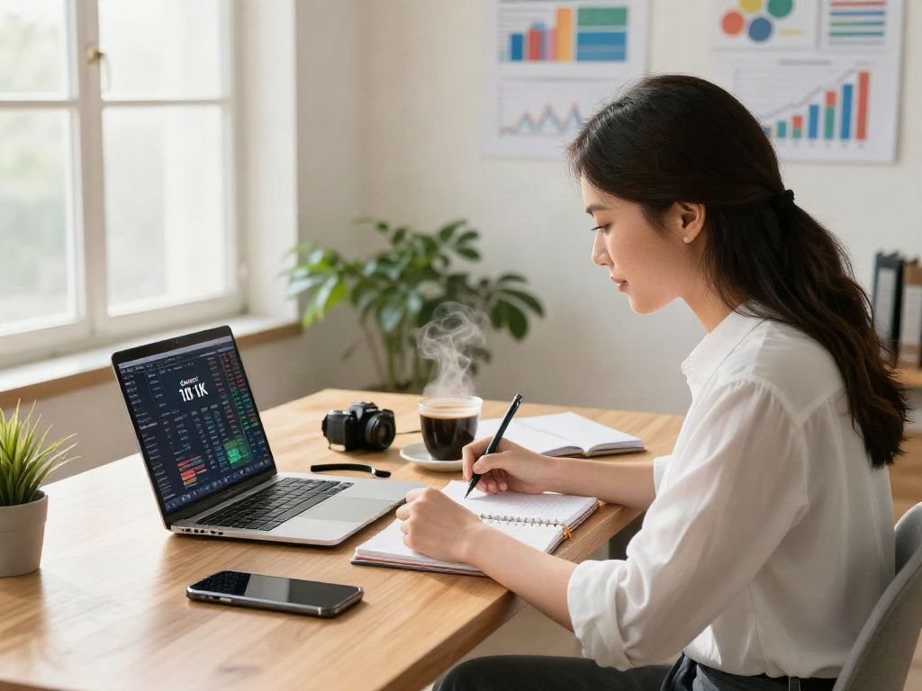 Professionally analyzing investment options to deposit 10k in a modern home office.