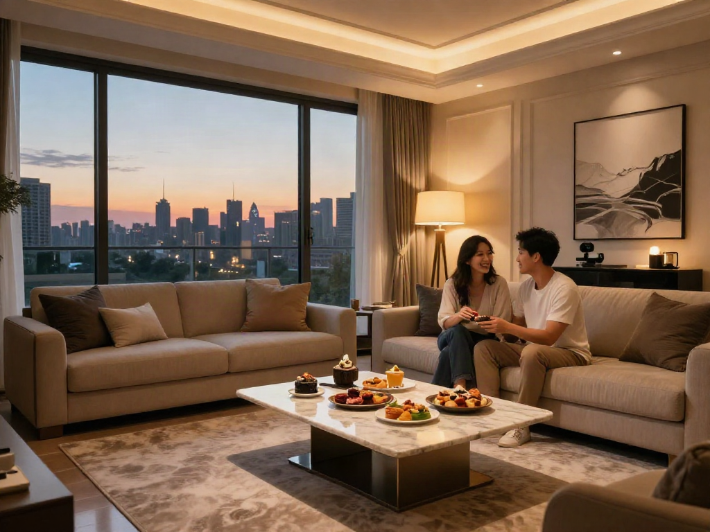 LUXURY 111 menampilkan suasana ruang tamu mewah dengan pasangan menikmati malam yang nyaman.